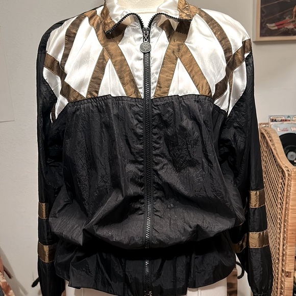 Vintage 80s Zip Up Metallic Gold and Black Draw String Track Jacket Women Size L - Picture 1 of 15